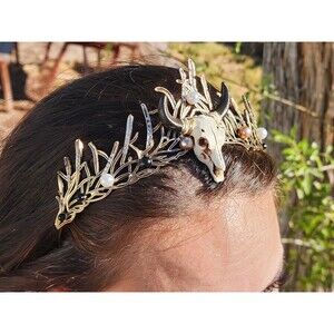 Ram Horn Skull Headdress Gothic Festival Crown, Witch Cosplay Dark Goddess Tiara